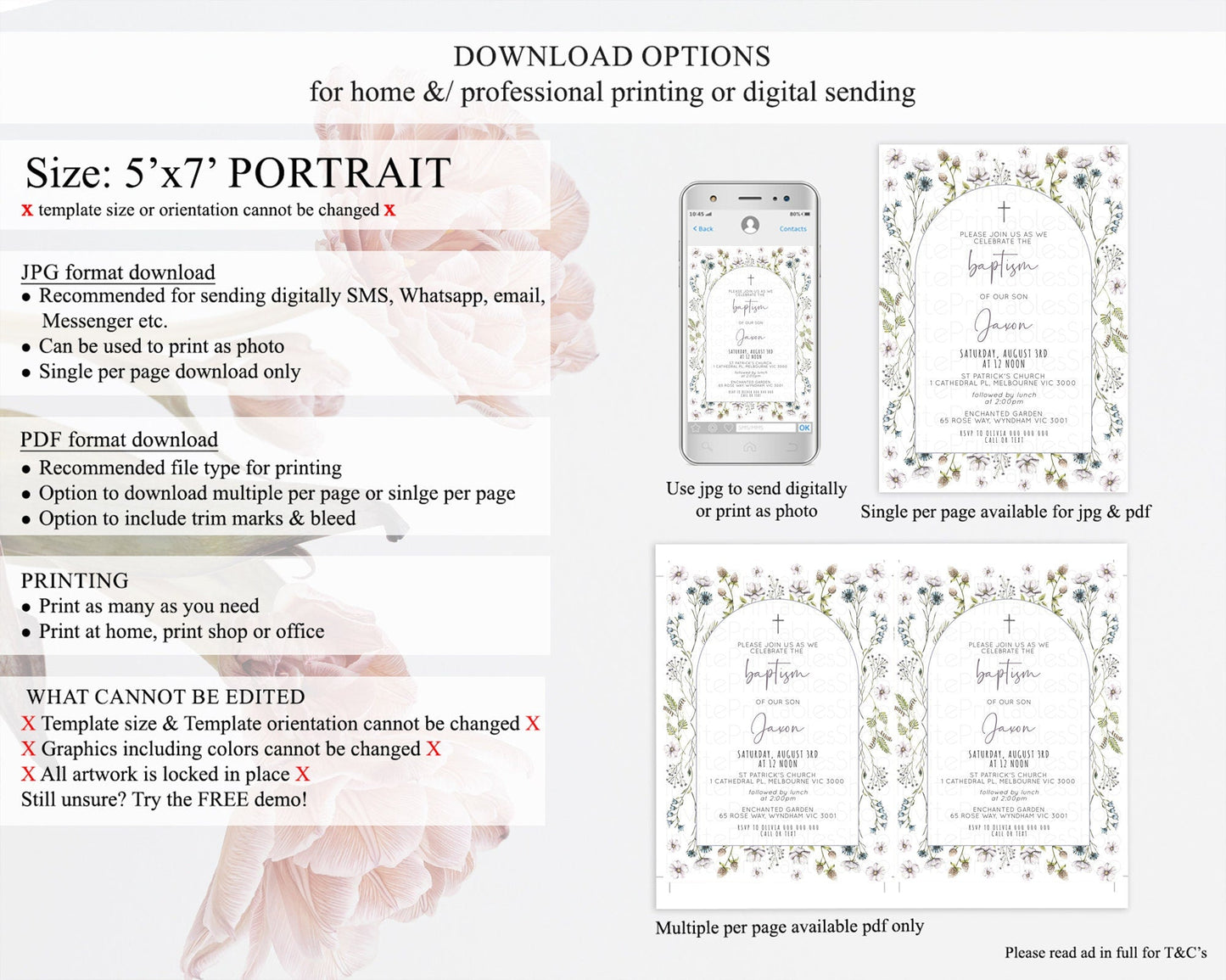 Secret Garden Baptism Invitation Wildflower Baptism Birthday Invite Pastel Flowers Christening Invite Enchanted Garden Boho Floral D10603