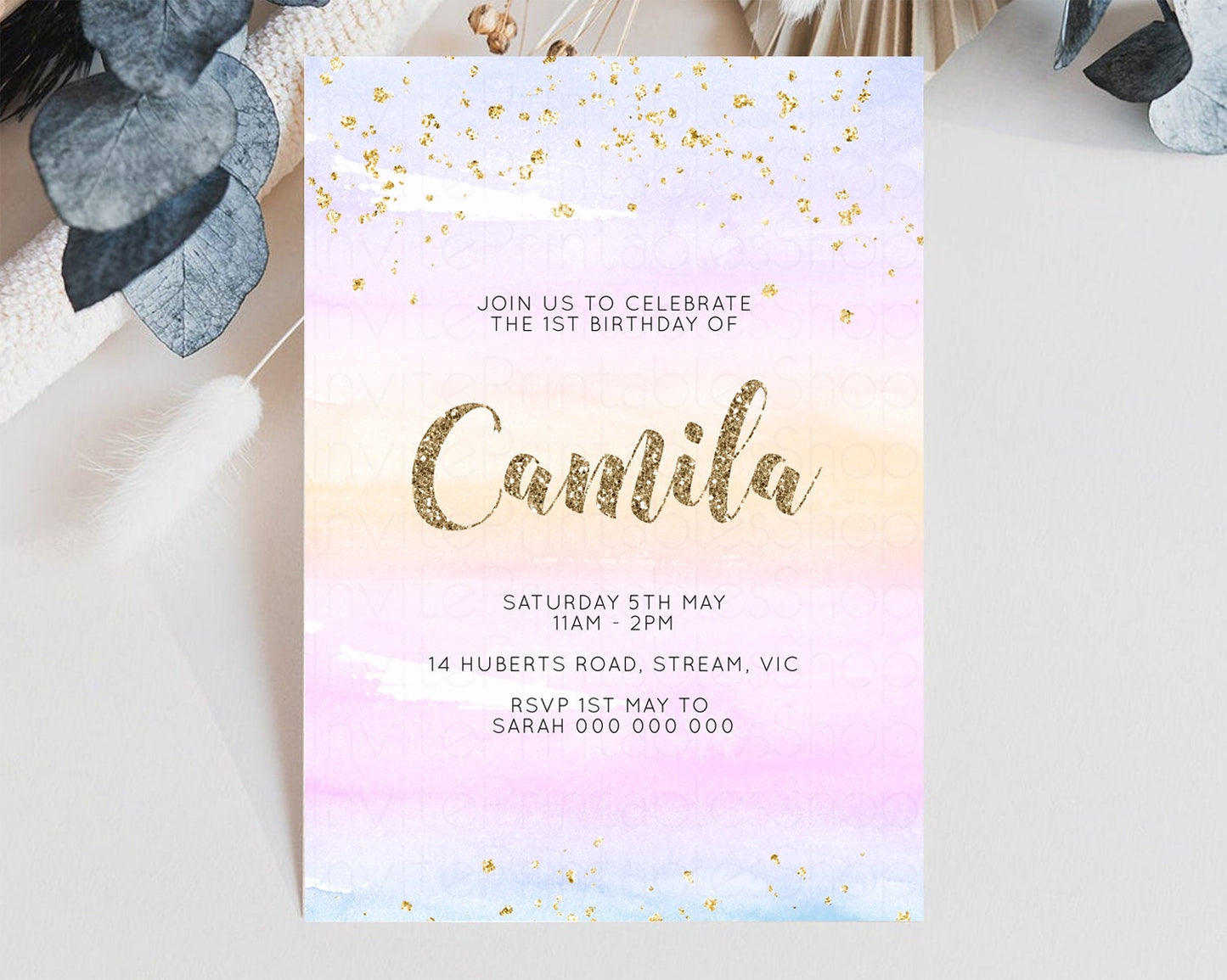 Pastel Birthday Invite Colorful Birthday Invitation Orange Purple Watercolor Invite Pastel Pink Ombre Invite Glitter Invite 1st 2nd 3rd P581