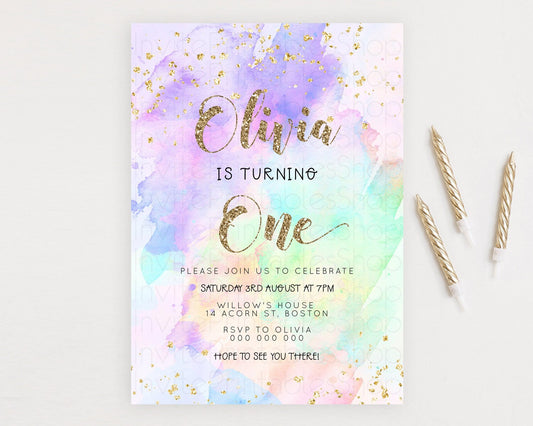 Rainbow Birthday Invitation Colorful Pastel Watercolor Invitation Gold Glitter Sprinkles Ombre Pastel 1st 2nd 3rd Birthday D23297