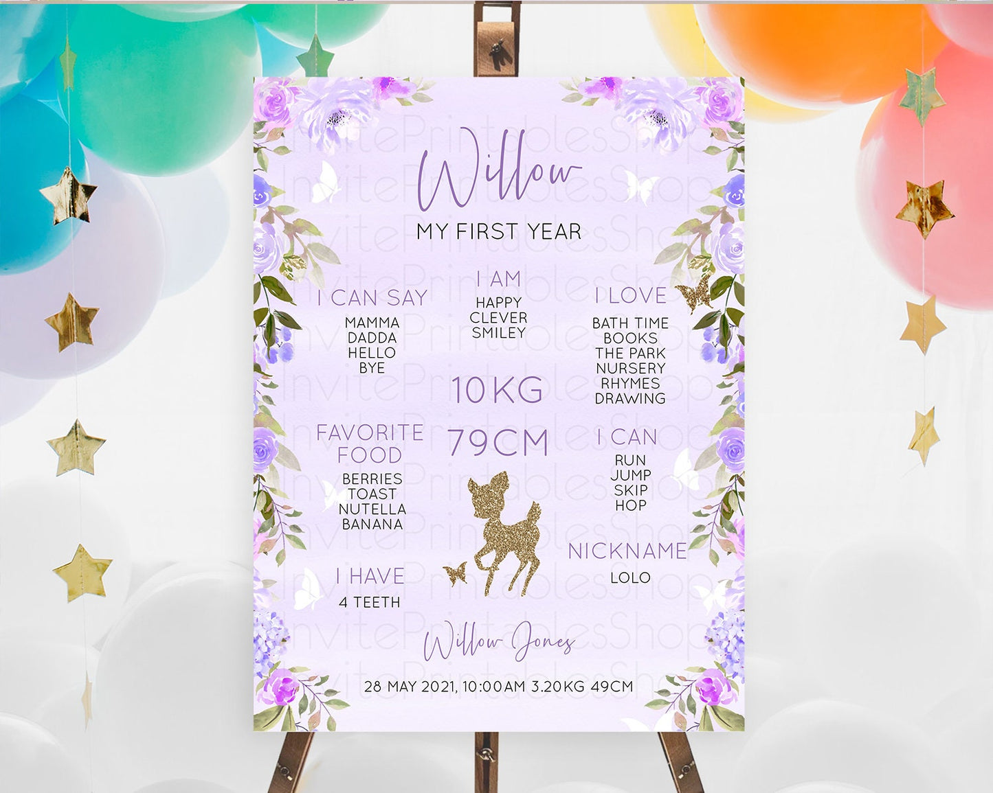 Fawn First Birthday Milestone Board Deer First Birthday Milestone Poster Enchanted Forest Butterfly Pastel Flowers 1st Birthday Sign D10963