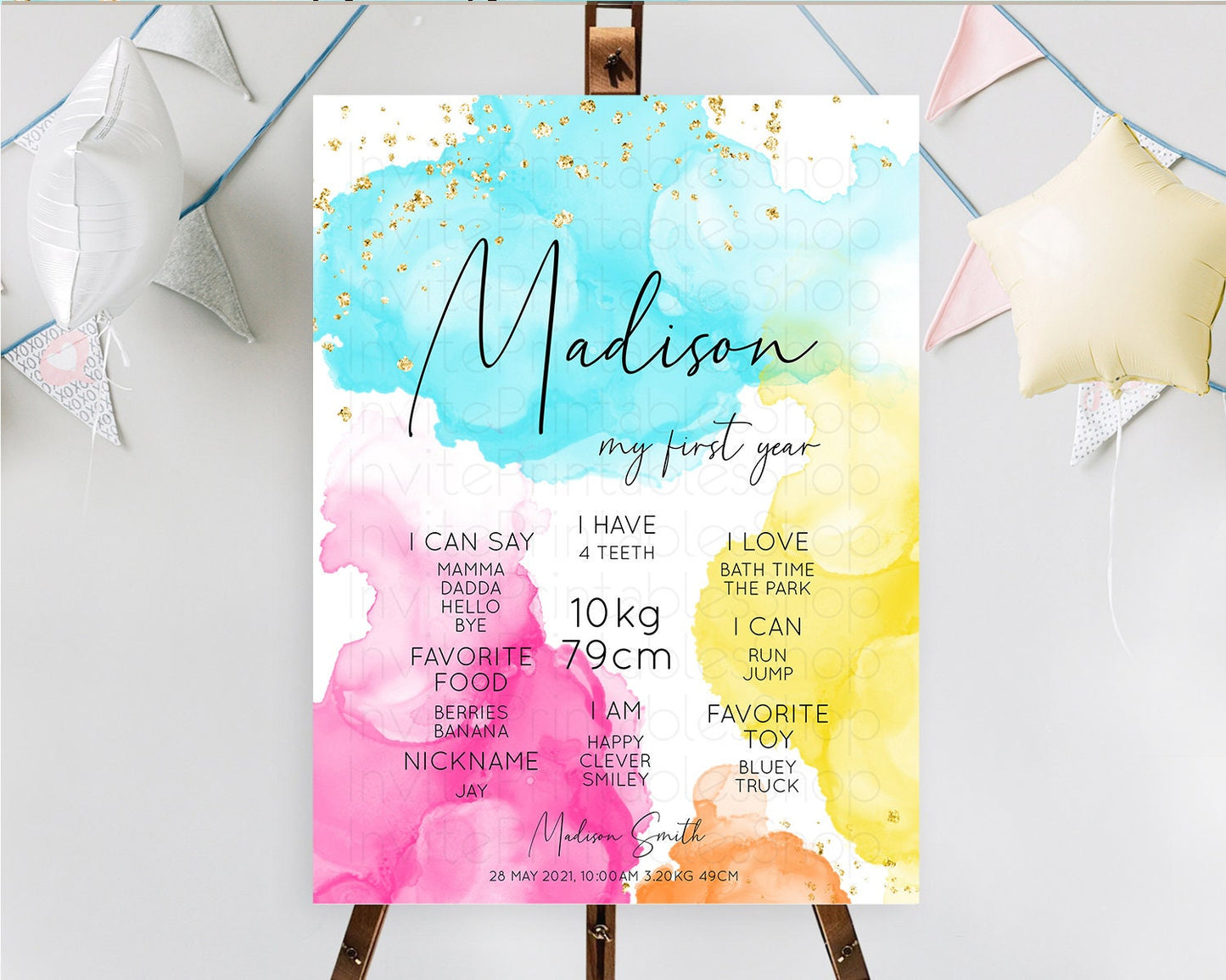 Pastel First Birthday Milestone Board Pastel Rainbow Milestone Poster Colorful Confetti Watercolor Glitter 1st Birthday Welcome Sign D10898