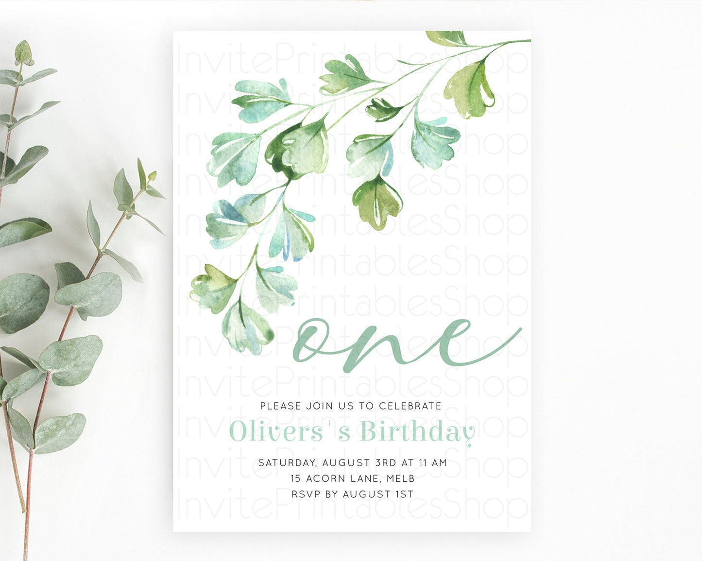 Leafy Birthday Invitation Leafy Invitation Simple Greenery Invitation Eucalyptus Fern Spray Leaves Minimal Green Leaf Watercolour D11057