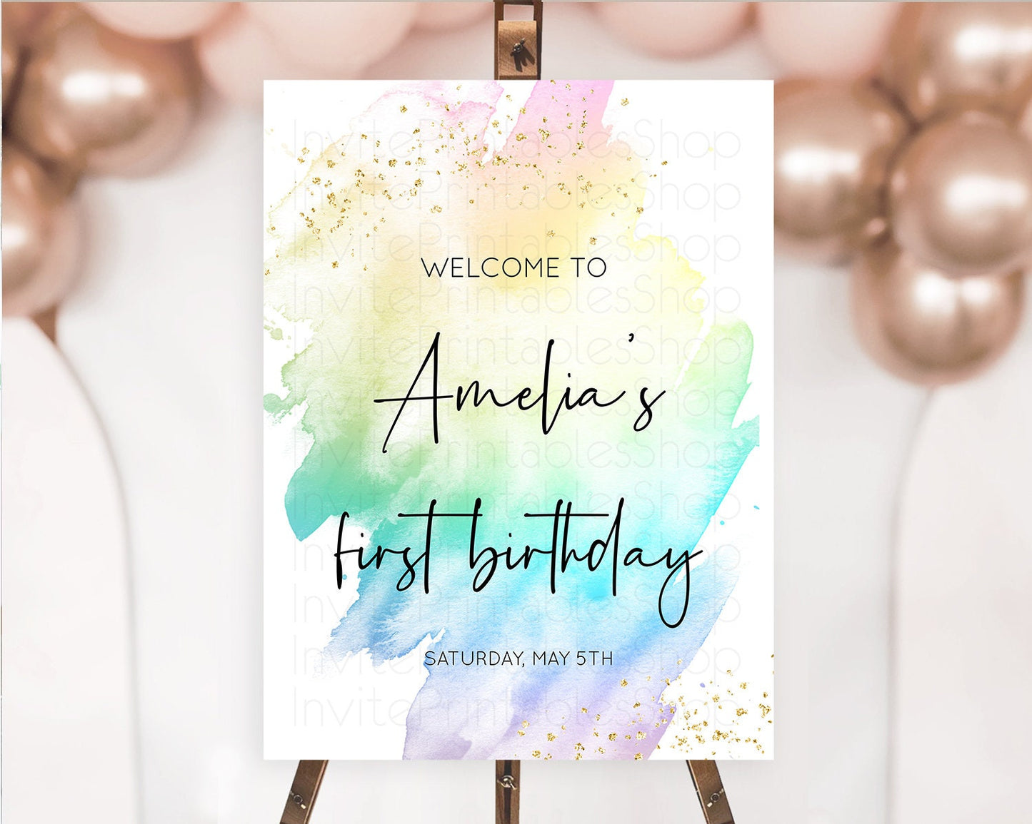 Pastel Welcome Sign Pastel Rainbow Welcome Sign Colorful Rainbow Confetti Watercolor Glitter Pastel First Birthday Welcome Sign D10279