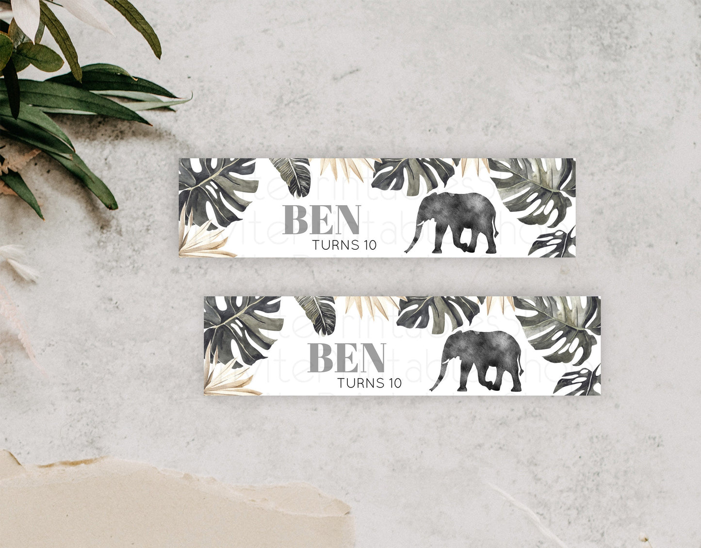 Elephant Water Label Template Elephant Safari Adventure Party Decor Dried Palm Fern Zoo Birthday Baptism Baby Shower Bridal Shower D10803