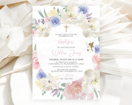 Fairy Baptism Invitation Fairy Baptism 1st Birthday Invitation Enchanted Secret Garden Christening Invite Pastel Floral Butterfly D10852