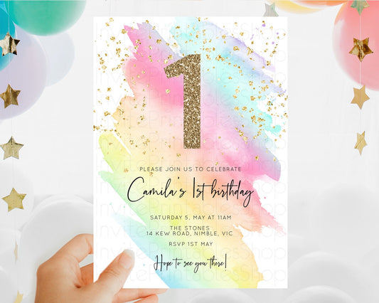 Rainbow Birthday Invitation Colorful Pastel Watercolor Invitation Gold Glitter Sprinkles Ombre Pastel 1st 2nd 3rd Birthday D10495