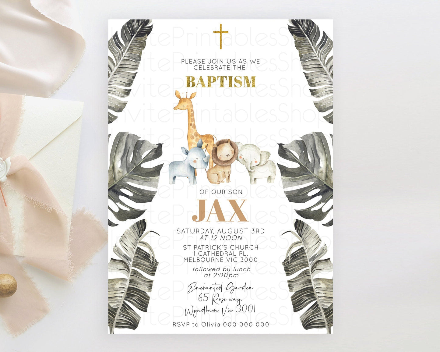 Safari Baptism Invitation Safari Adventure Baptism Birthday Invitation Lion Gorilla Elephant Rhino Tropical Palm Jungle Adventure D10599