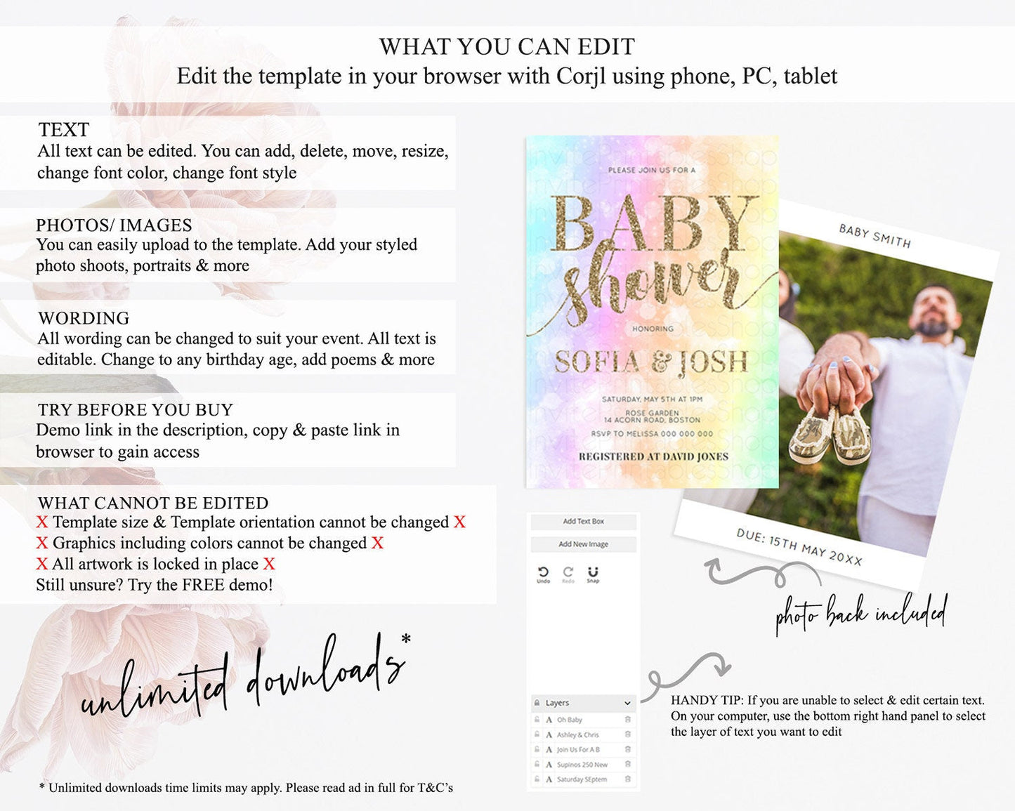 Pastel Rainbow Baby Shower Invitation, Colorful Watercolor, Gold Glitter Sprinkles - Teal, Pink, Purple, Orange, Yellow, Green Ombre D10648