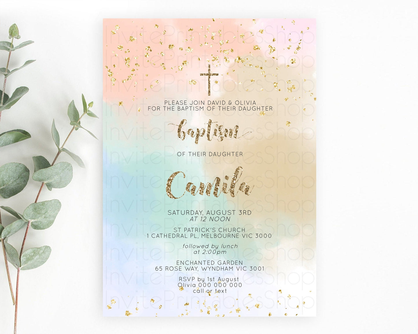 Pastel Baptism Invitation Pastel Colors Watercolor Baptism 1st Birthday Party Gold Ombre Pastel Rainbow Christening Holy Communion D10377