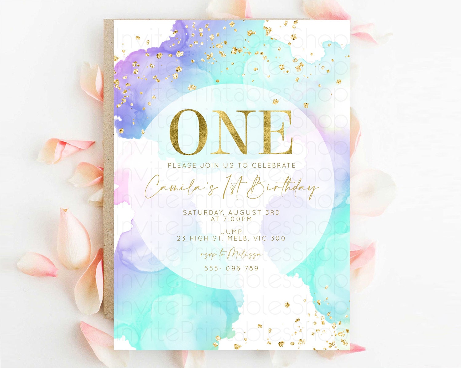 Editable Rainbow Birthday Invitation Colorful Pastel Watercolor Invitation G