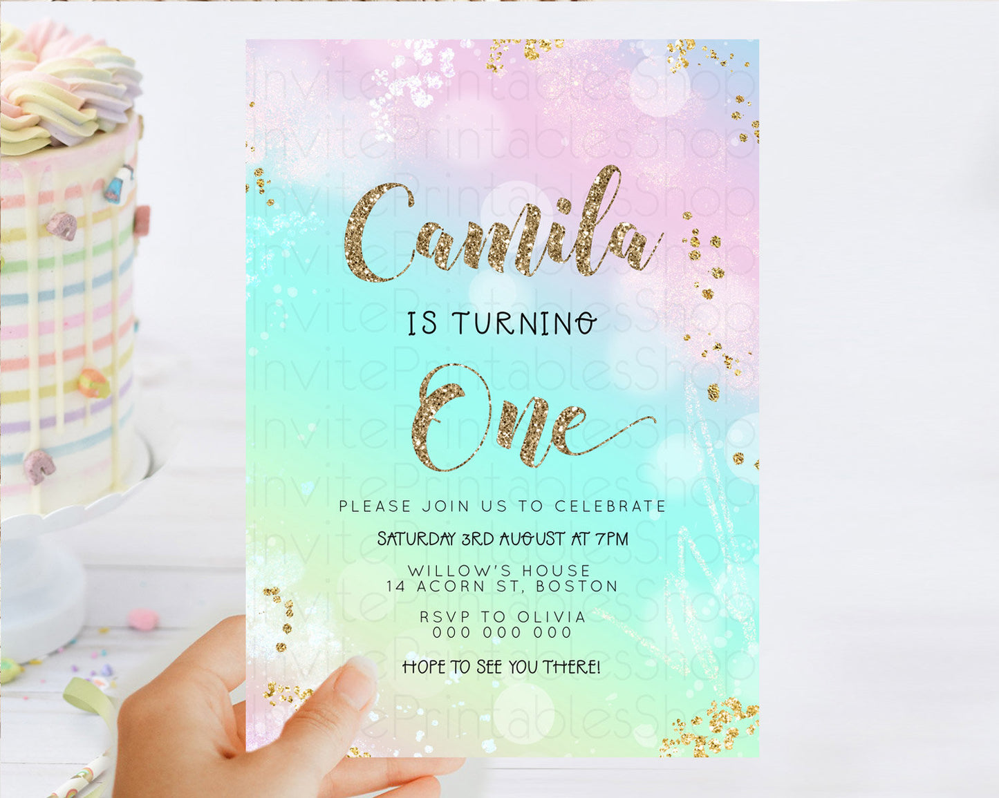 Rainbow Birthday Invitation Colorful Pastel Watercolor Invitation Gold Glitter Sprinkles Ombre Pastel 1st 2nd 3rd Birthday D23115