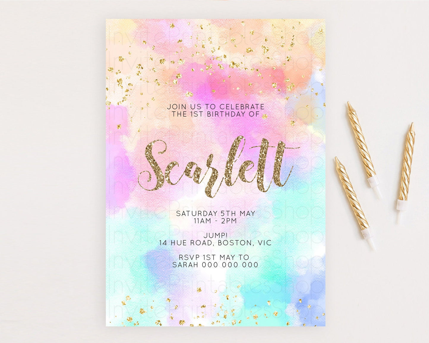 Rainbow Birthday Invitation Colorful Pastel Watercolor Invitation Gold Glitter Sprinkles Ombre Pastel 1st 2nd 3rd Birthday D10669