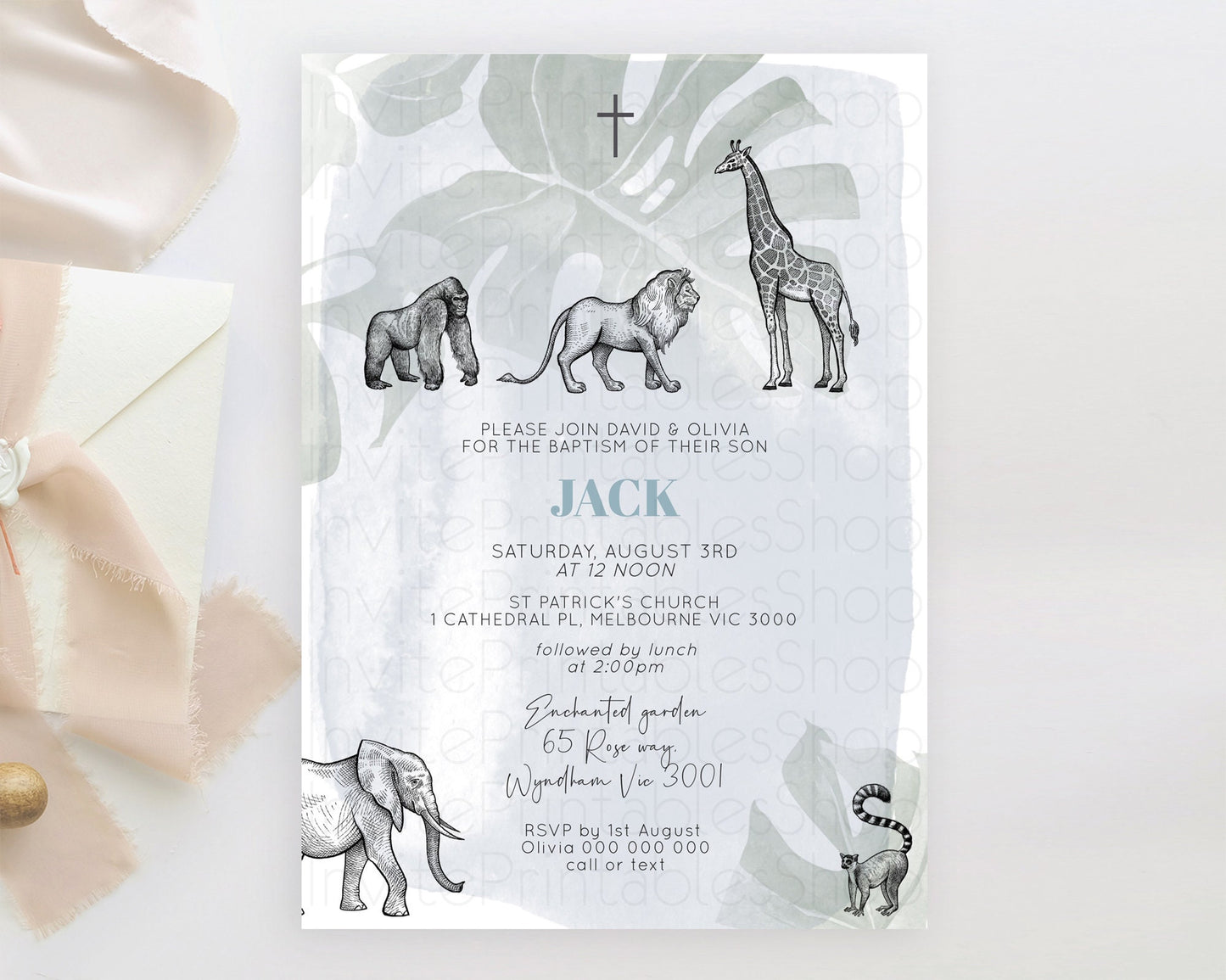 Safari Baptism Invitation Safari Adventure Baptism Birthday Invitation Lion Gorilla Elephant Rhino Tropical Palm Jungle Adventure D10821