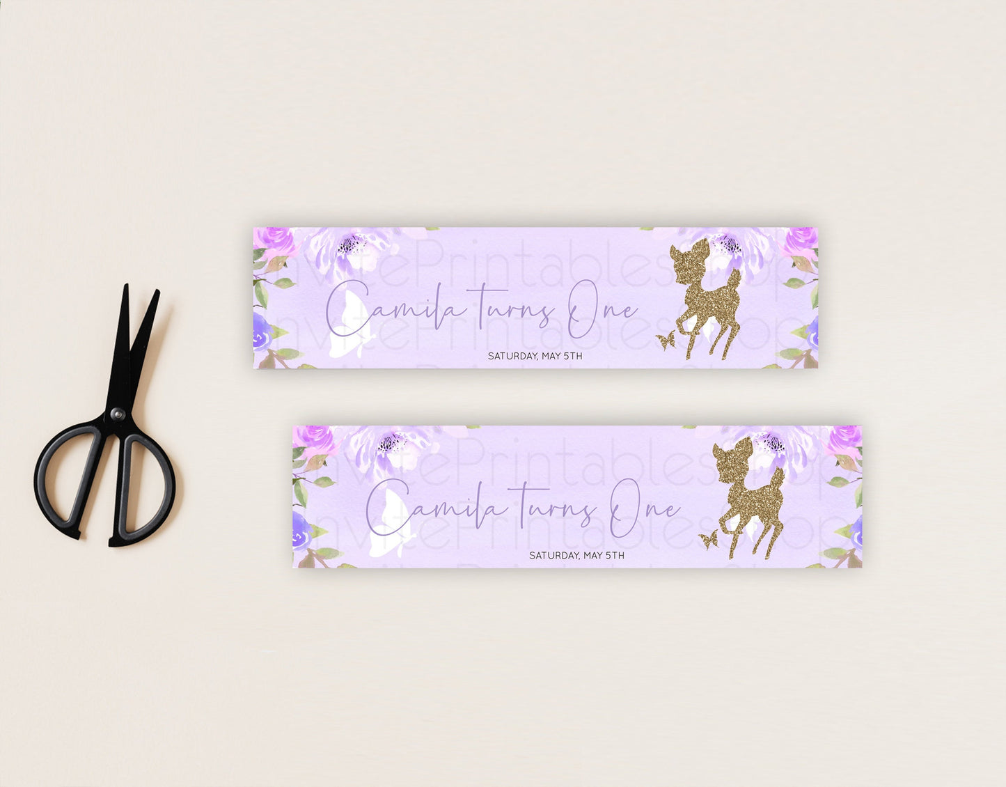 Fawn Deer Water Label Template Pastel Floral Deer Enchanted Forest Butterfly Party Decor Birthday Baptism Baby Shower Bridal Shower D10963