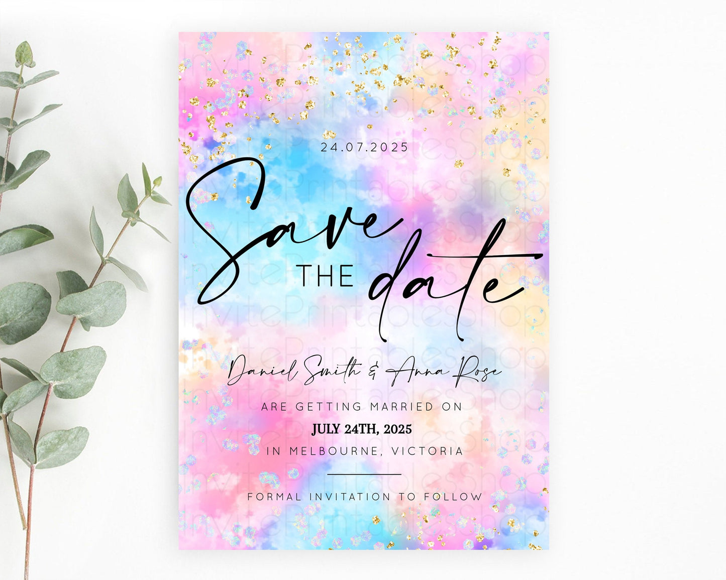 Pastel Save The Date Template Pastel Ombre Rainbow Watercolor Colorful Party For Birthday Baptism Baby Shower Wedding Bridal Shower D10607