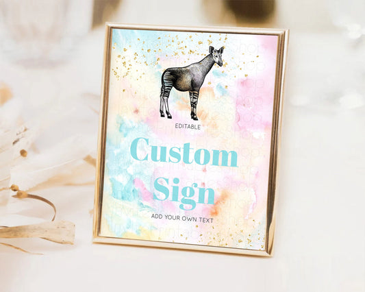 Editable Pastel Okapi Table Sign Decor Rainbow Watercolor Okapi Party Sign T
