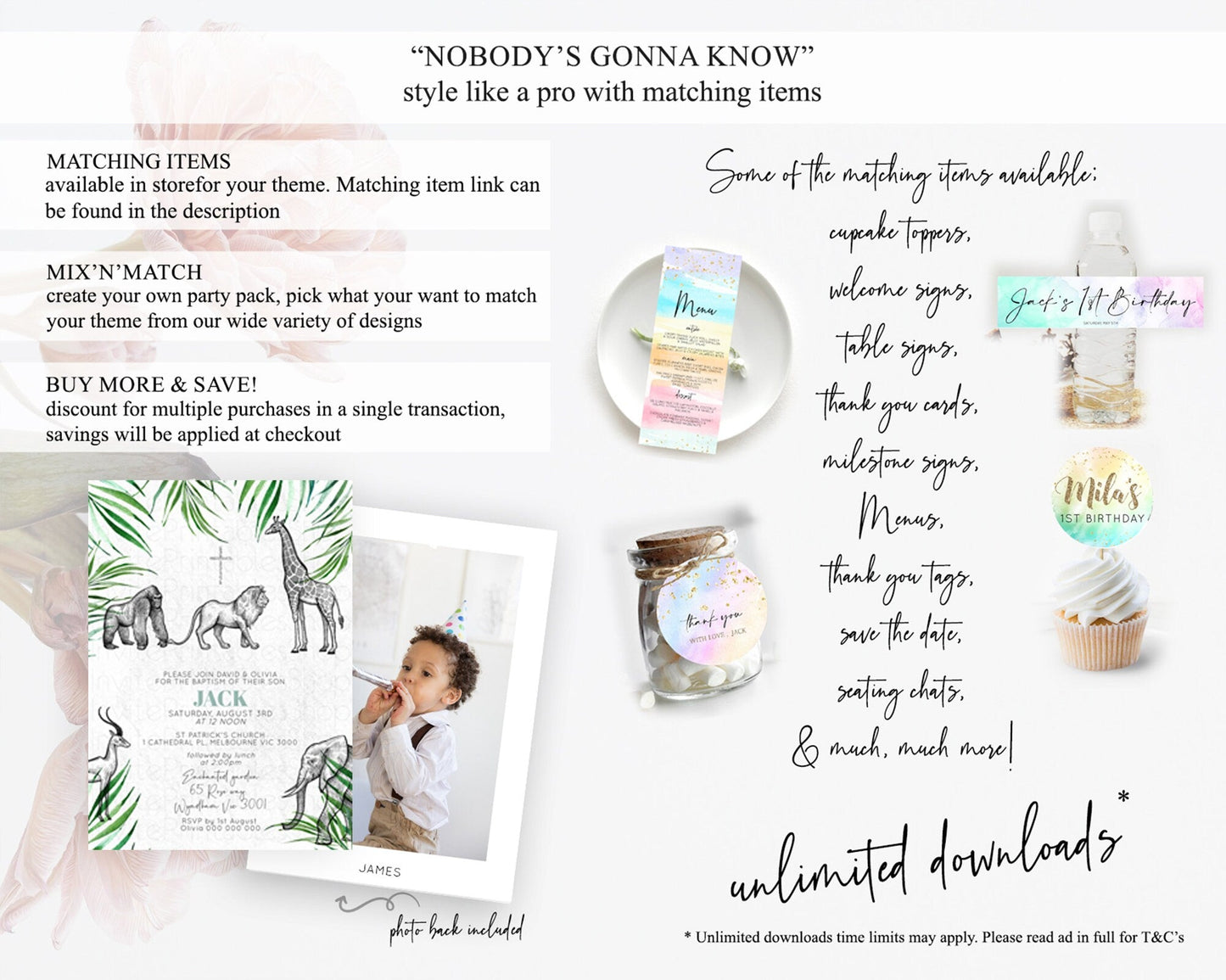 Safari Baptism Invitation Safari Adventure Baptism Birthday Invitation Lion Gorilla Elephant Rhino Tropical Palm Jungle Adventure D10853