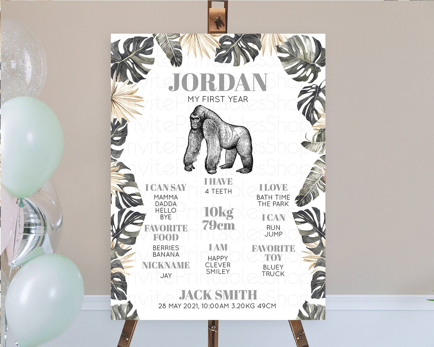 Gorilla First Birthday Milestone Board Gorilla Milestone Poster Gorilla Decor Safari Adventure Gorilla First Birthday Welcome Sign D10825