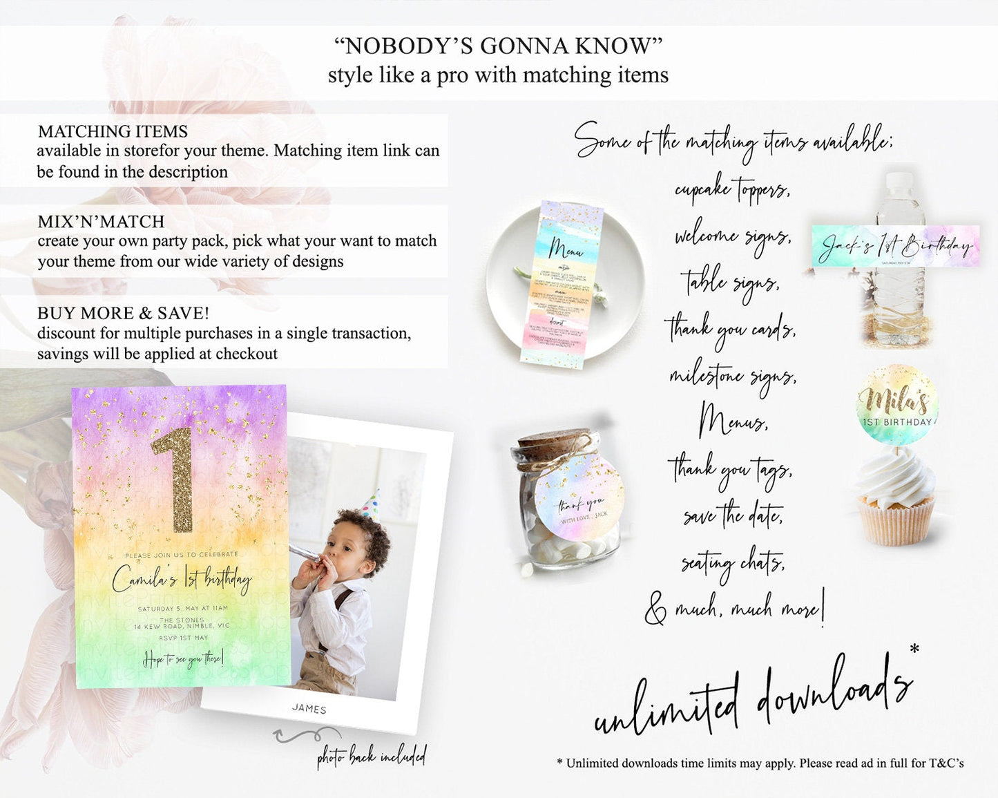 Rainbow Birthday Invitation Colorful Pastel Watercolor Invitation Gold Glitter Sprinkles Ombre Pastel 1st 2nd 3rd Birthday D10514