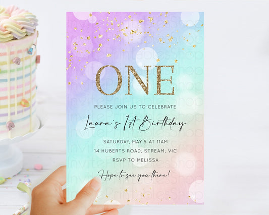 Rainbow Birthday Invitation Colorful Pastel Watercolor Invitation Gold Glitter Sprinkles Ombre Pastel 1st 2nd 3rd Birthday D10618