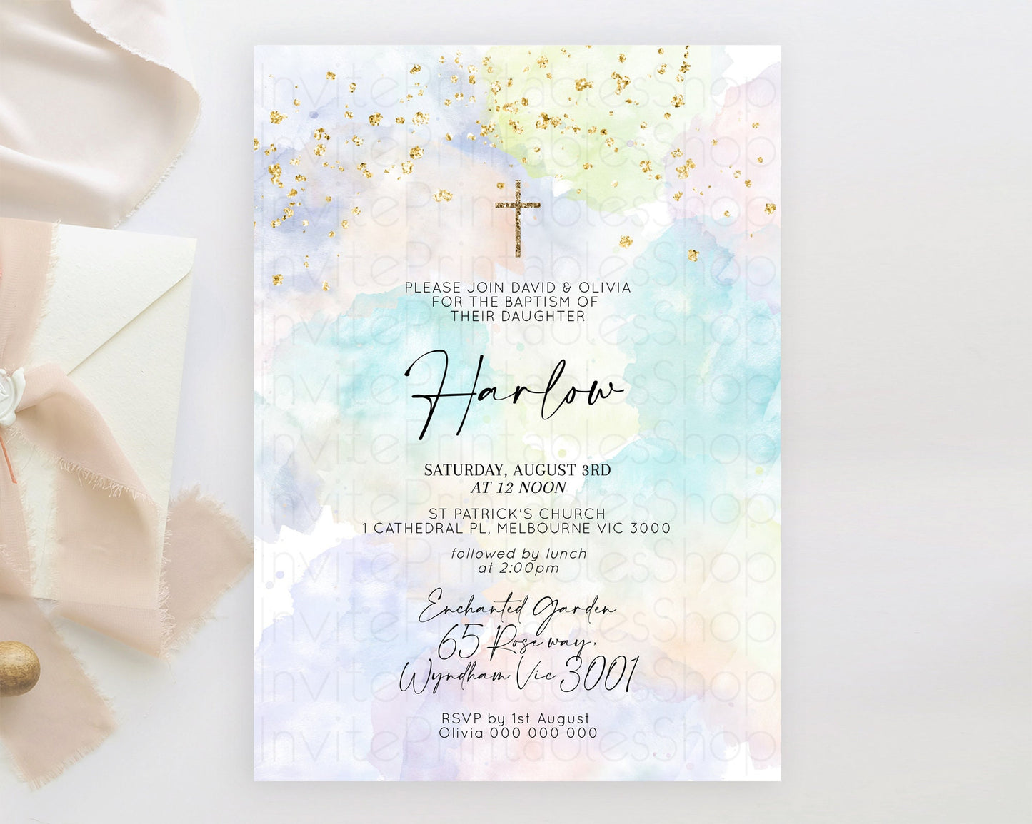 Pastel Baptism Invitation Pastel Colors Watercolor Baptism 1st Birthday Party Gold Ombre Pastel Rainbow Christening Holy Communion D10613