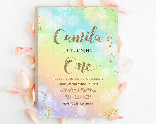 Rainbow Birthday Invitation Colorful Pastel Watercolor Invitation Gold Glitter Sprinkles Ombre Pastel 1st 2nd 3rd Birthday D23119