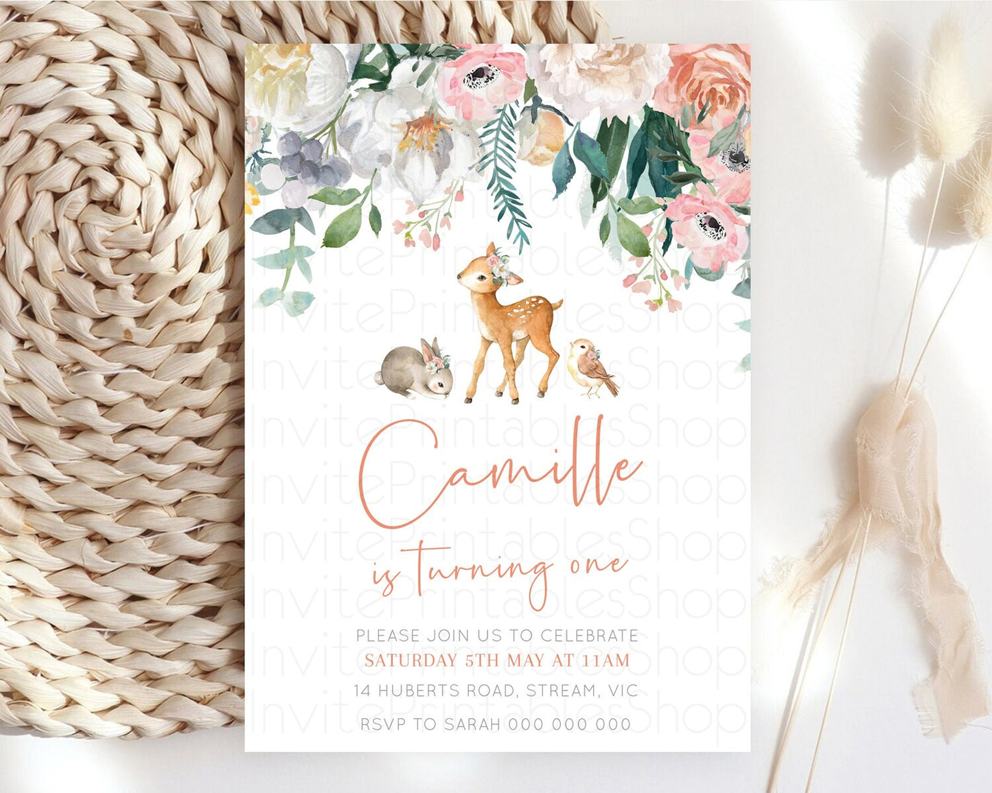 Fawn Birthday Invitation Deer Birthday Invitation Enchanted Forest Party Butterfly Pastel Flowers Whimsical 2nd 1st First Birthday D10733