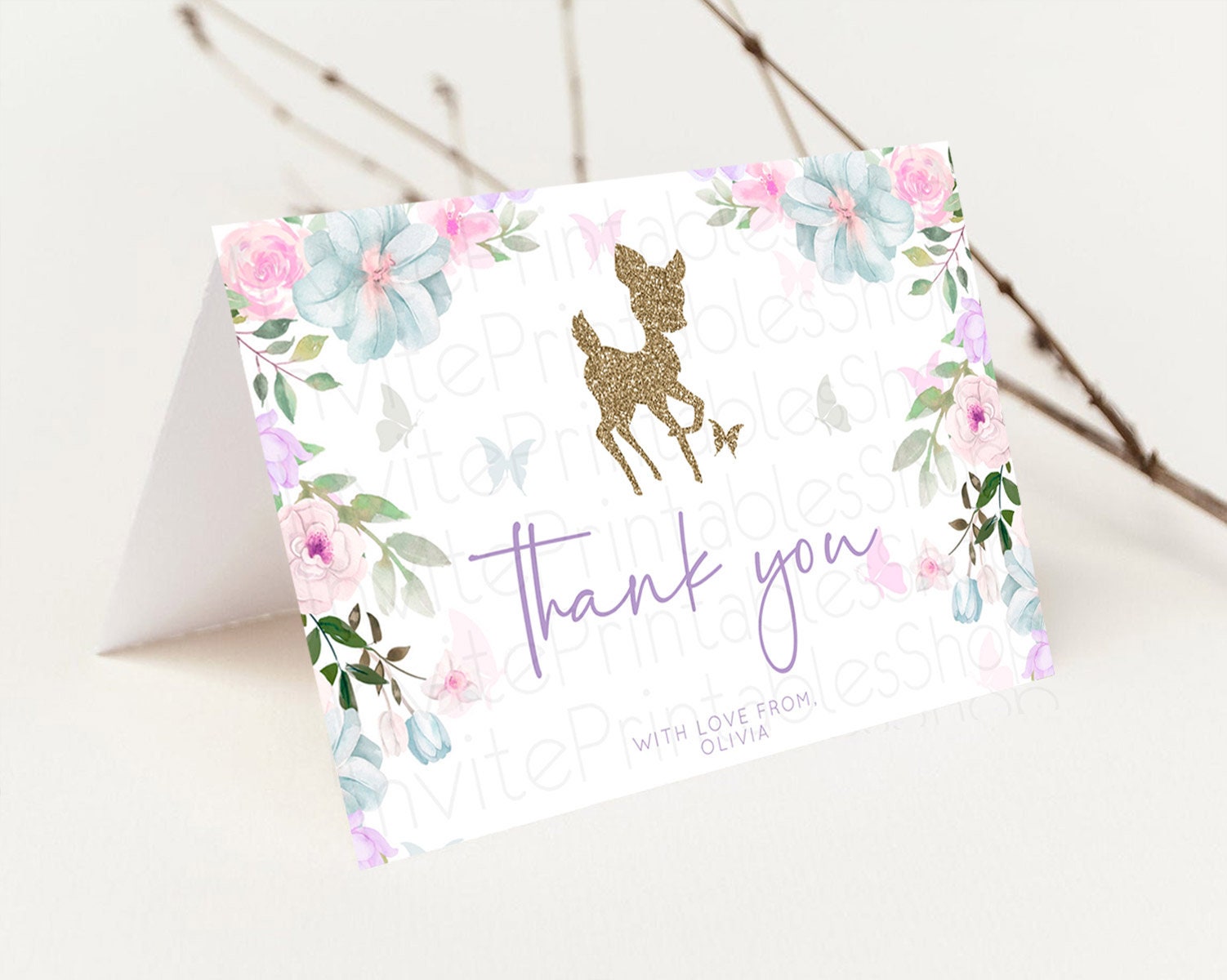 Editable Fawn Thank You Deer Thank You Card Pastel Floral Deer Birthday Than