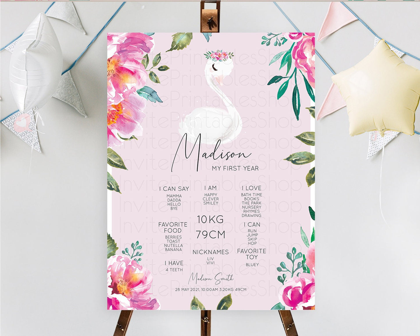 Swan First Birthday Milestone Poster Swan Princess Ballet Milestone Board Enchanted Forest Swan Lake Secret Garden Pastel Floral D10757