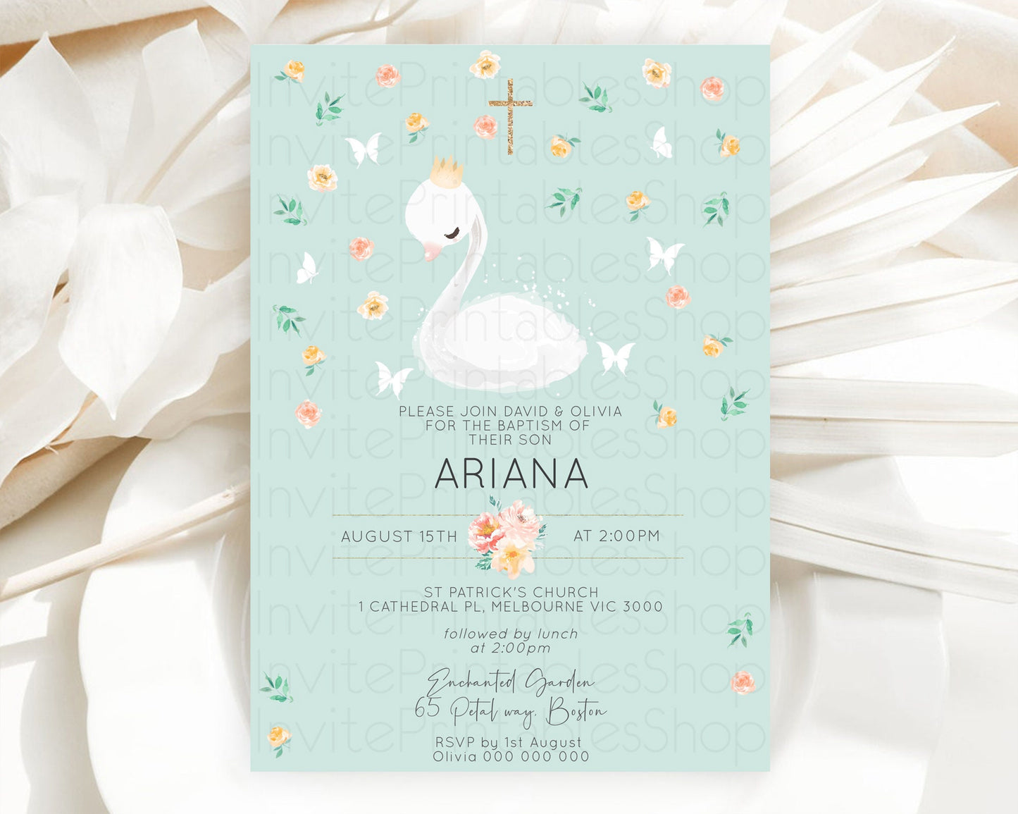 Swan Lake Baptism Invitation Swan Princess Ballet Baptism 1st Birthday Enchanted Forest Secret Garden Watercolour Pastel Floral D10905