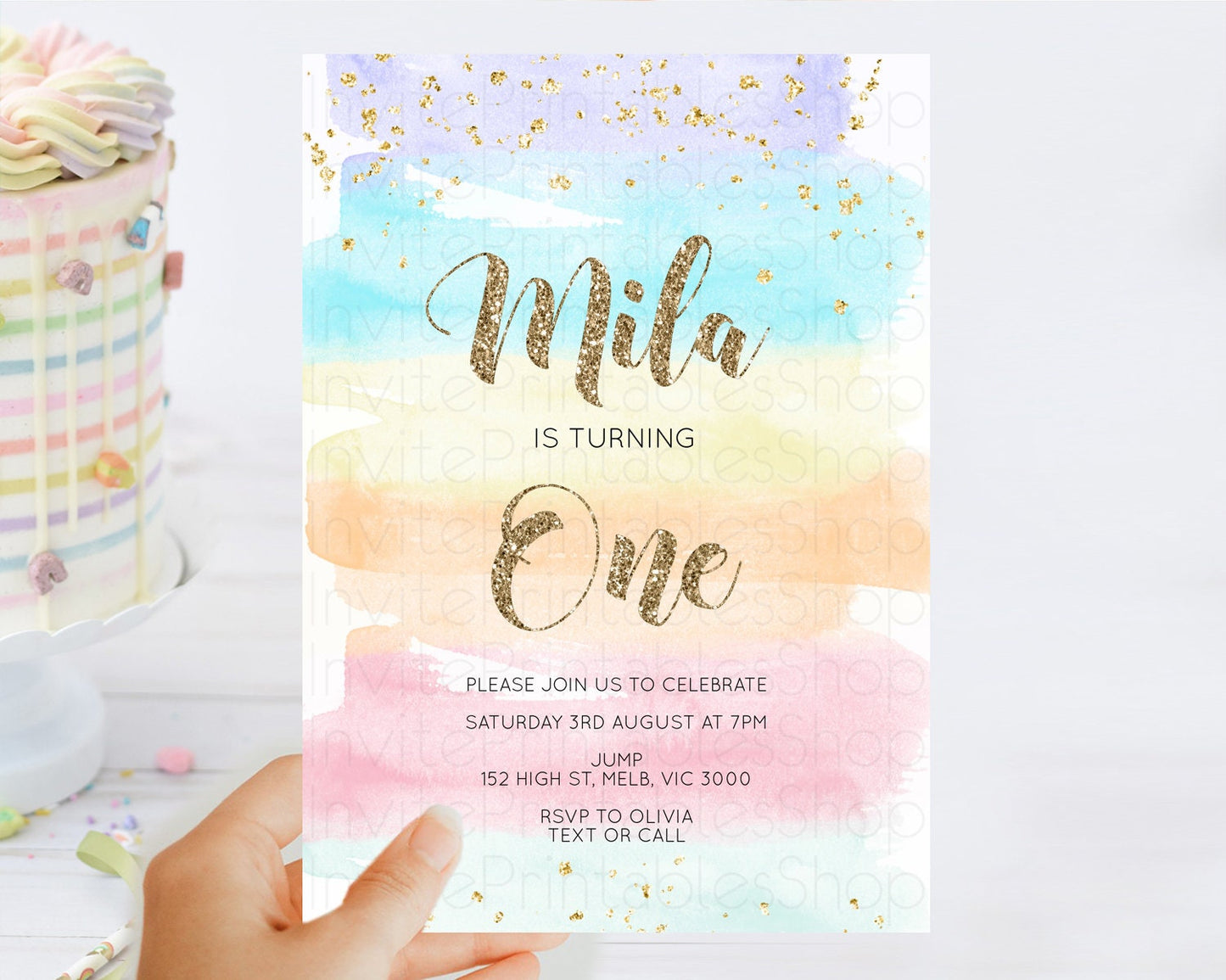 Rainbow Birthday Invitation Colorful Pastel Watercolor Invitation Gold Glitter Sprinkles Ombre Pastel 1st 2nd 3rd Birthday D10508