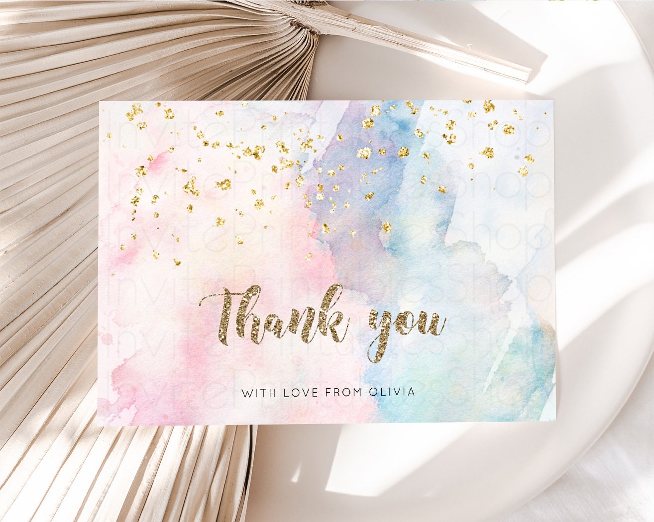 Pastel Rainbow Thank you Colorful Watercolor Gift Cards Splash Gold Glitter Card Birthday Engaged Baby Shower Wedding Folded/ Postcard 276