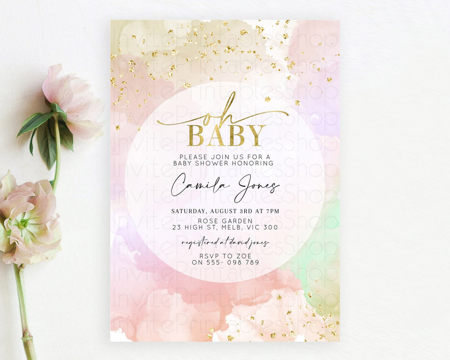Pastel Rainbow Baby Shower Invitation, Colorful Watercolor with Gold Glitter Sprinkles and Ombre Clouds in Pink, Gold, and Green D10627