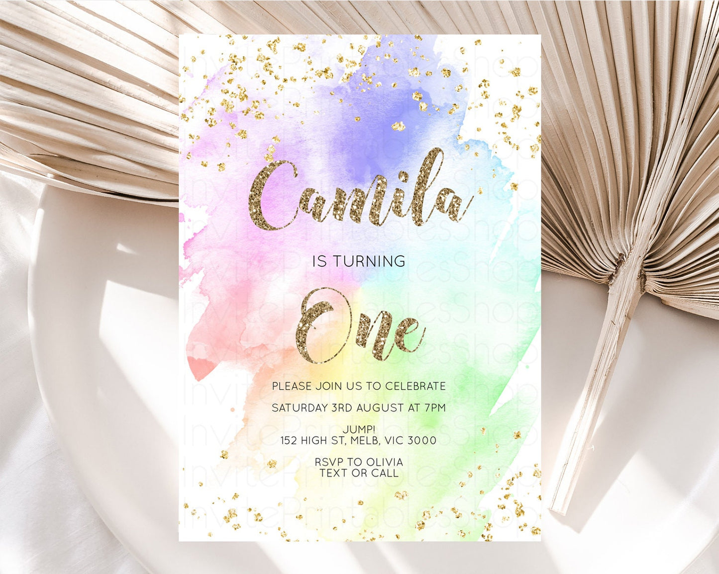 Rainbow Birthday Invitation Pastel Birthday Invitation Ombre Rainbow Invite Colorful Watercolor Invite Glitter Sprinkle Invitation G378