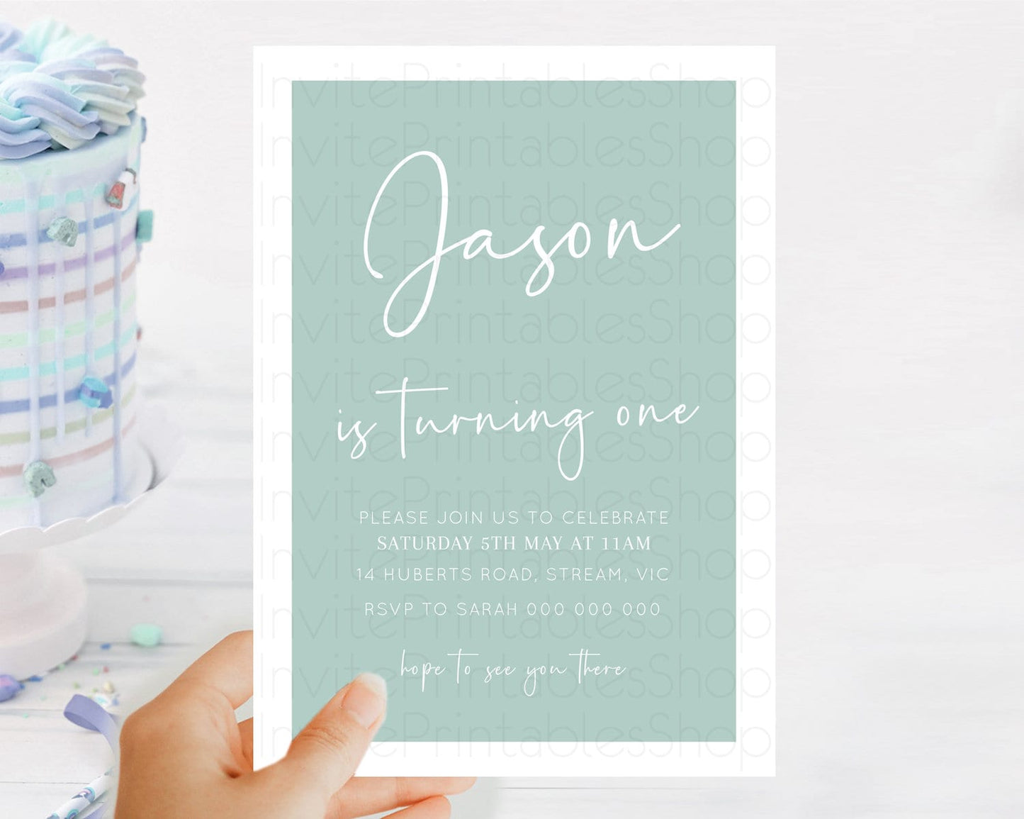 Green Birthday Invitation Plain Green Invitation Minimalist Invitation Pastel Green Invitation Modern Invite 2nd 1st First Birthday D10736