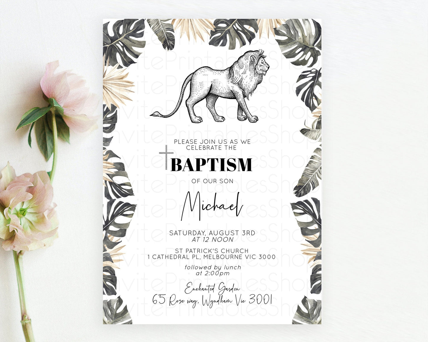 Lion Baptism Invitation Lion Baptism 1st Birthday Invitation Modern Safari Adventure Lion Christening Invitation Holy Communion D10807