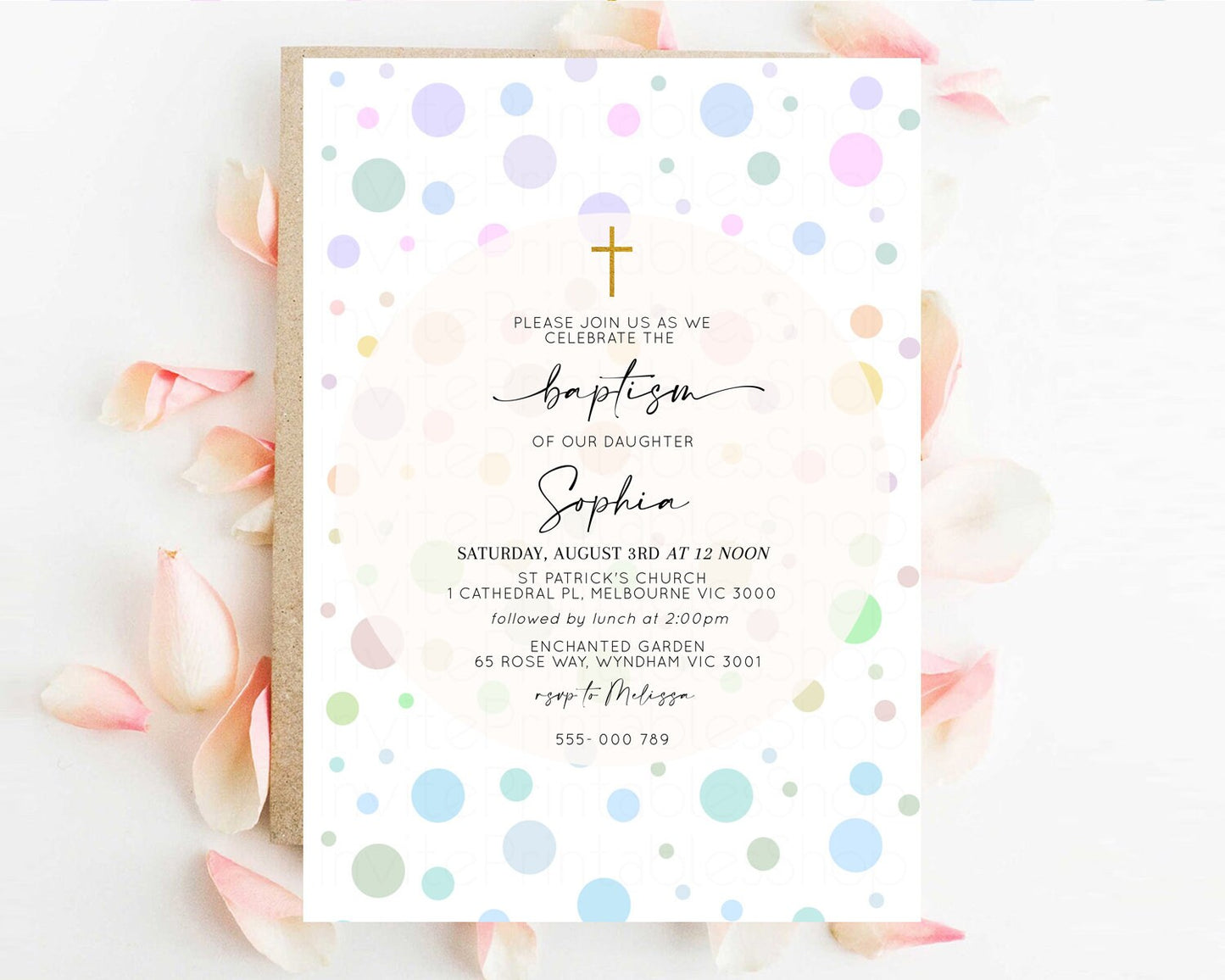 Pastel Baptism Invitation Pastel Christening Invitation Rainbow Confetti Invite Pastel Bubbles Invite Balloons Multi Colors Gold Cross 12