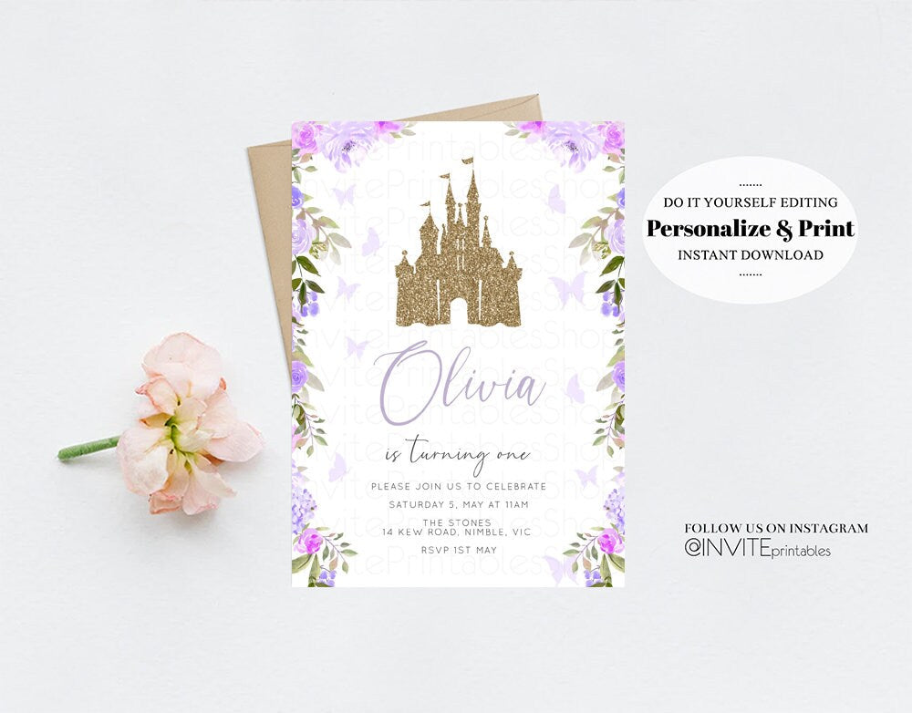 Princess Birthday Invitation Gold Glitter Enchanted Castle Royal Celebration Fairytale Floral Garden Purple Be Our Guest Custom Invite