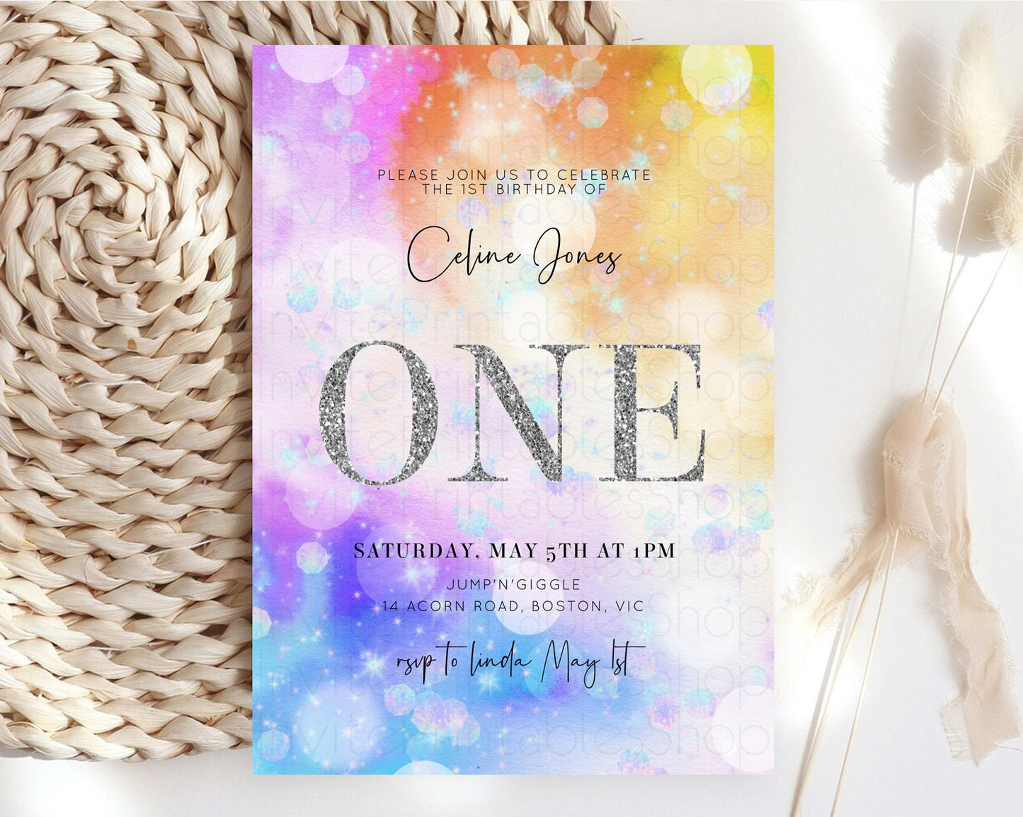 Rainbow Birthday Invitation Colorful Pastel Watercolor Silver Glitter Sprinkles Ombre Pastel Invitation 1st 2nd 3rd First Birthday D10690