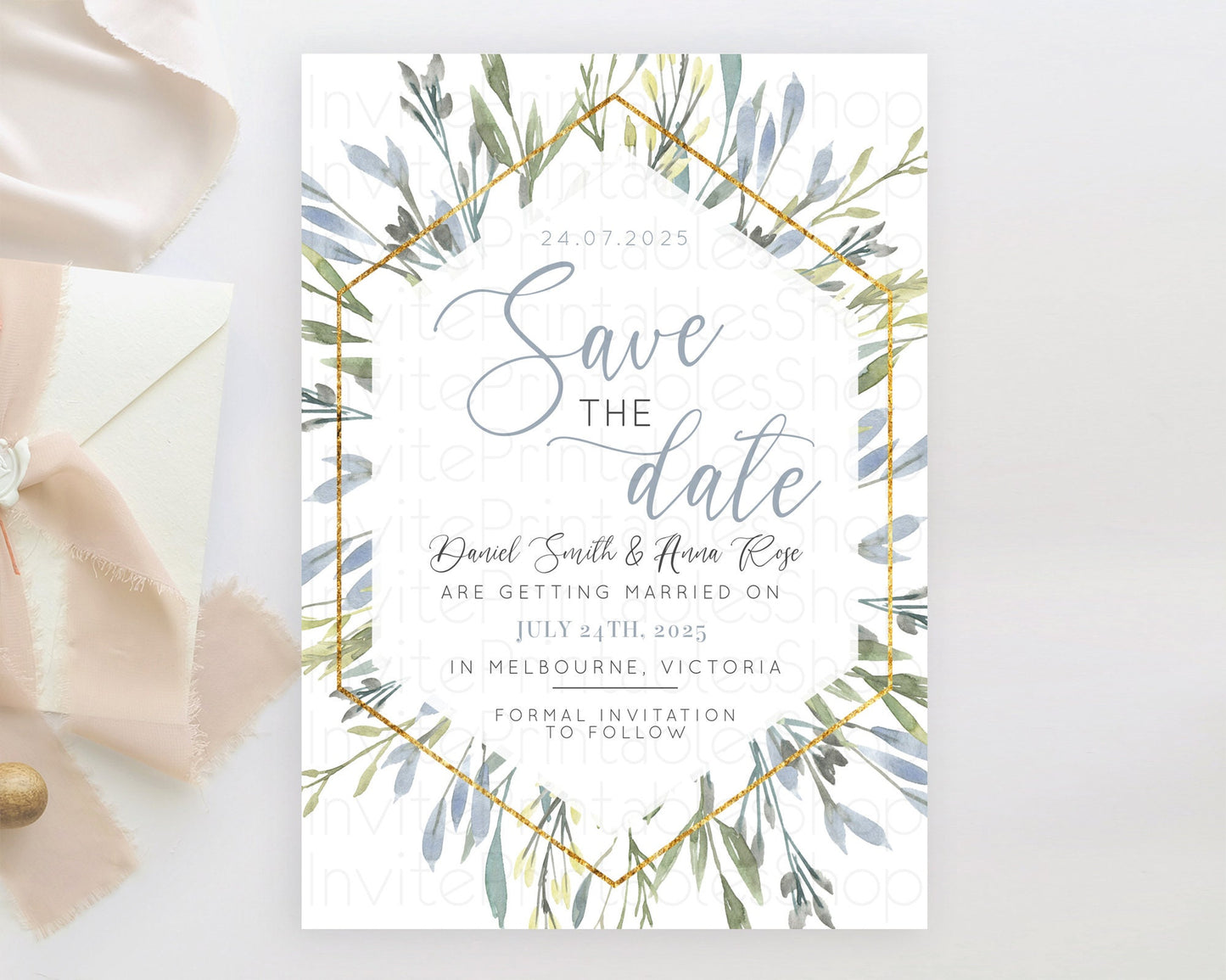 Green Leafy Save The Date Template Eucalyptus Fern Leaves Watercolor Boho Garden Leaf Branch Party 1st Birthday Baptism Baby Shower D10532