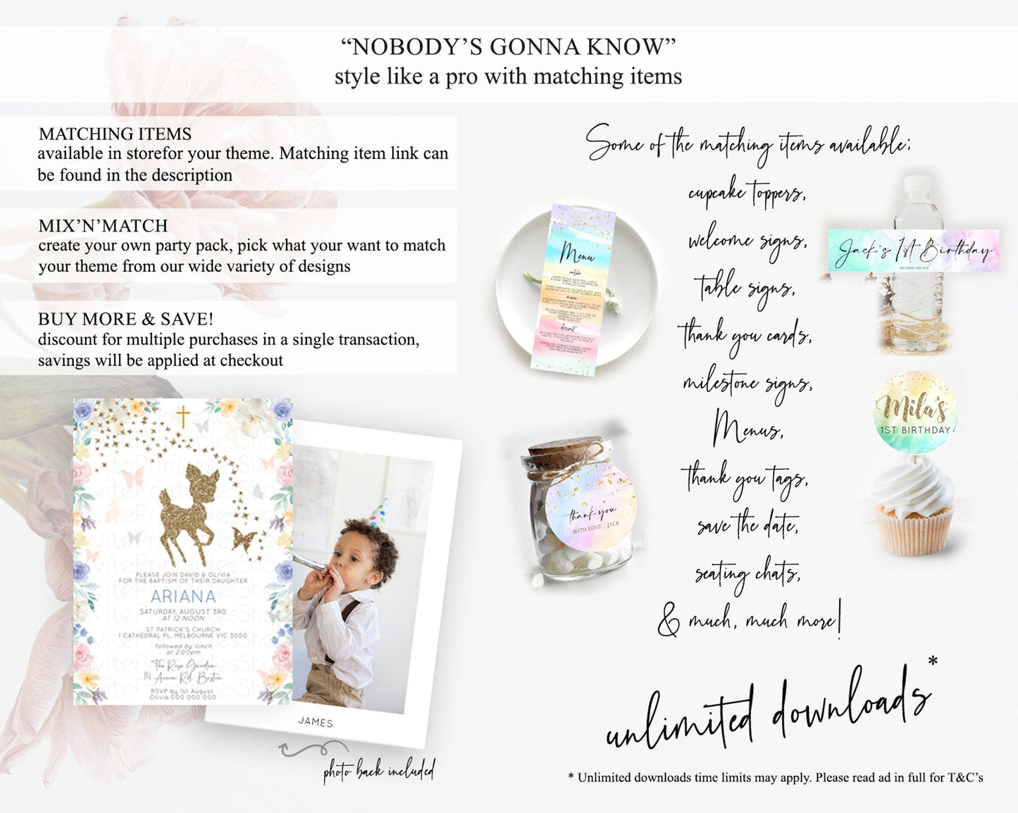 Fawn Baptism Invitation Deer Baptism 1st Birthday Invitation Enchanted Forest Christening Invitation Pastel Garden Butterfly Floral D10878