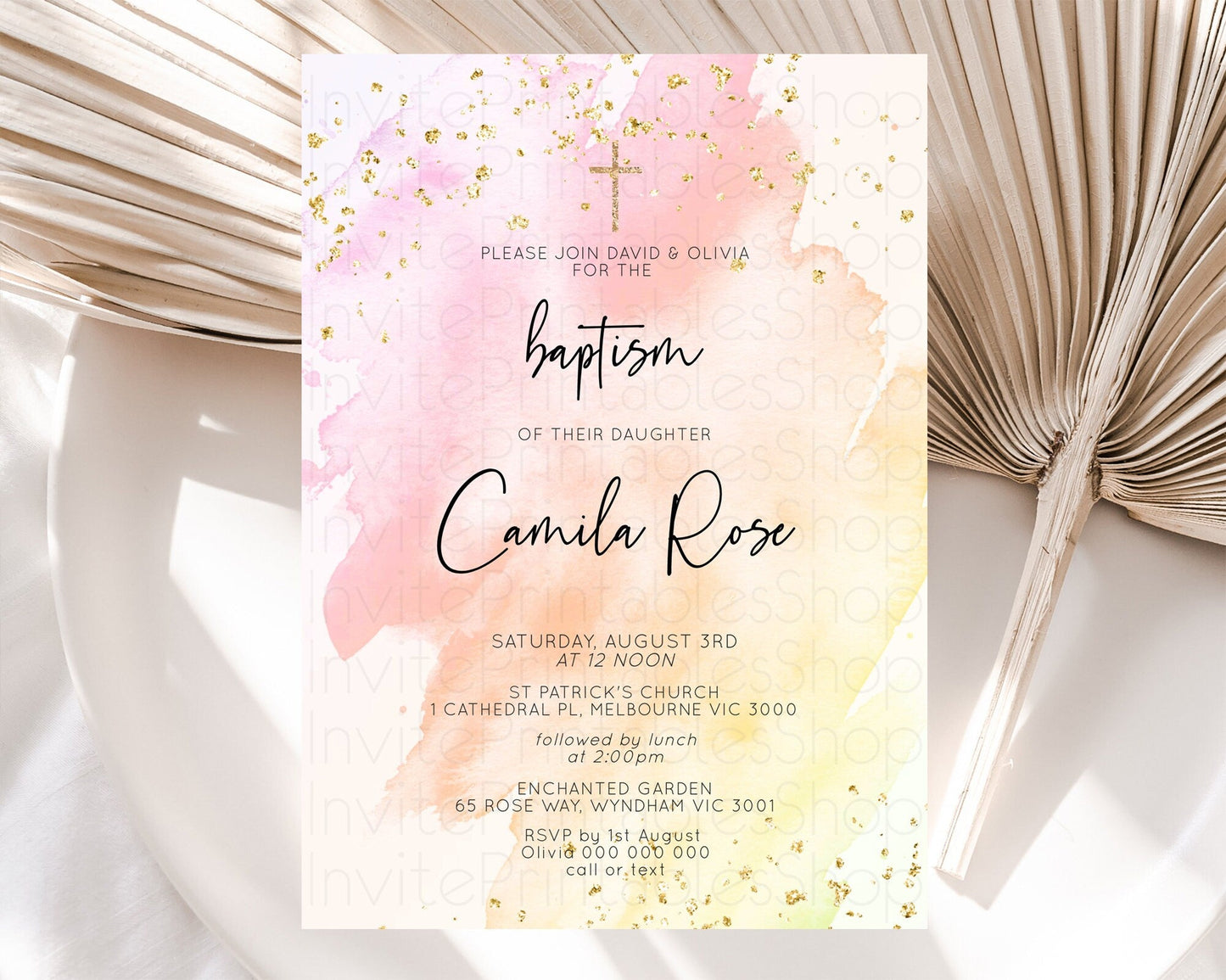 Pink Baptism Invitation Pink Watercolor Baptism 1st Birthday Invitation Pastel Pink Watercolor Christening Invite Pink Splash D10167