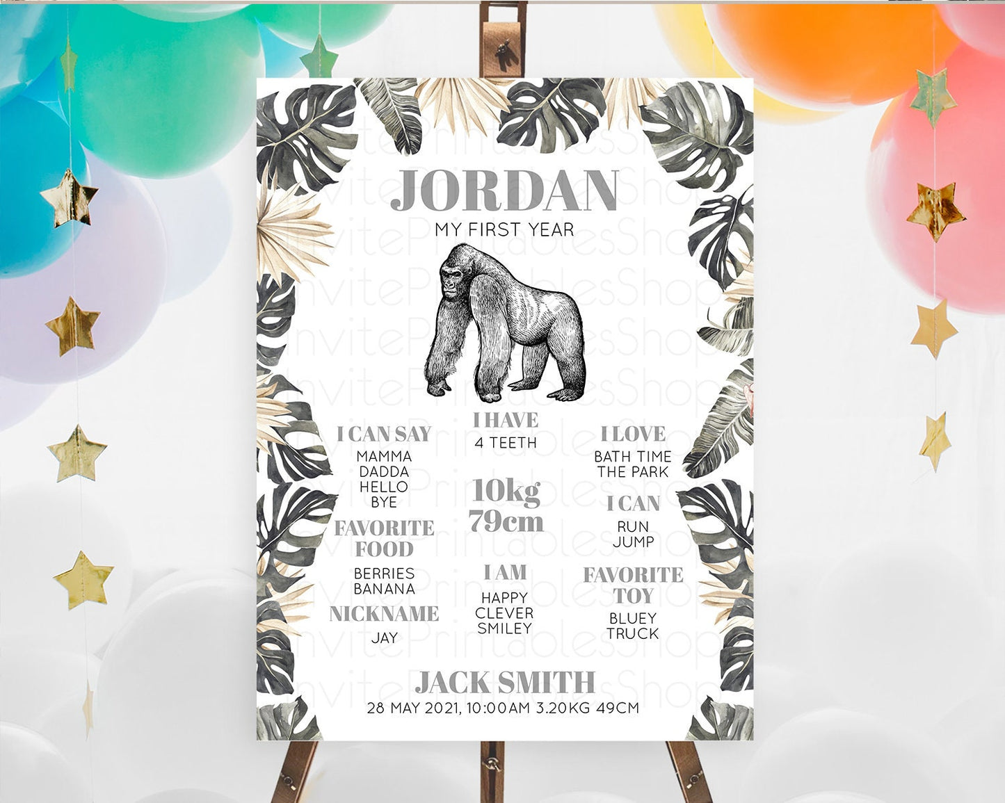 Gorilla First Birthday Milestone Board Gorilla Milestone Poster Gorilla Decor Safari Adventure Gorilla First Birthday Welcome Sign D10825