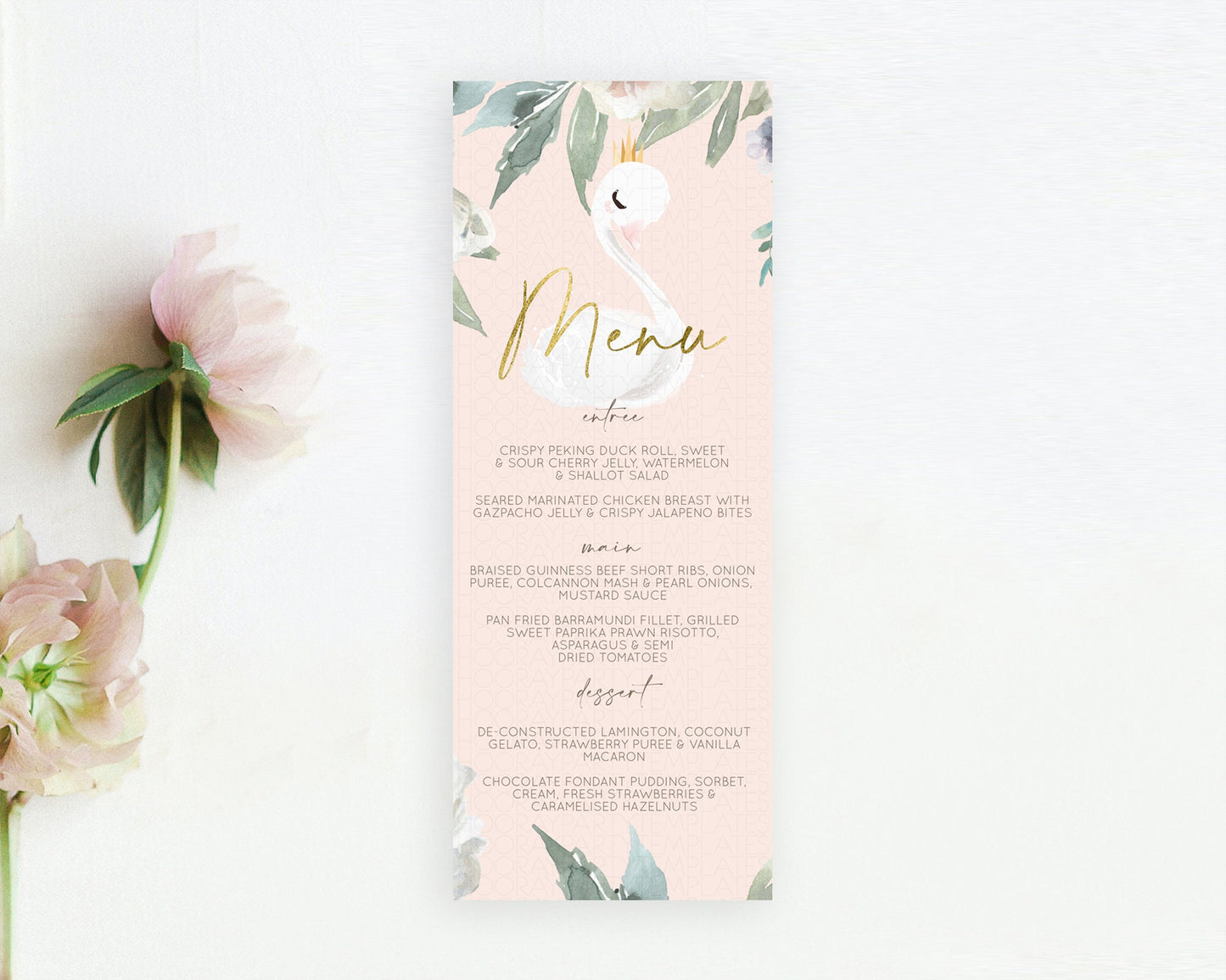 Swan Menu Swan Princess Ballet Menu Template Enchanted Swan Lake Table Decor Secret Garden Pastel Floral Dinner Dessert Food Menu  D10115