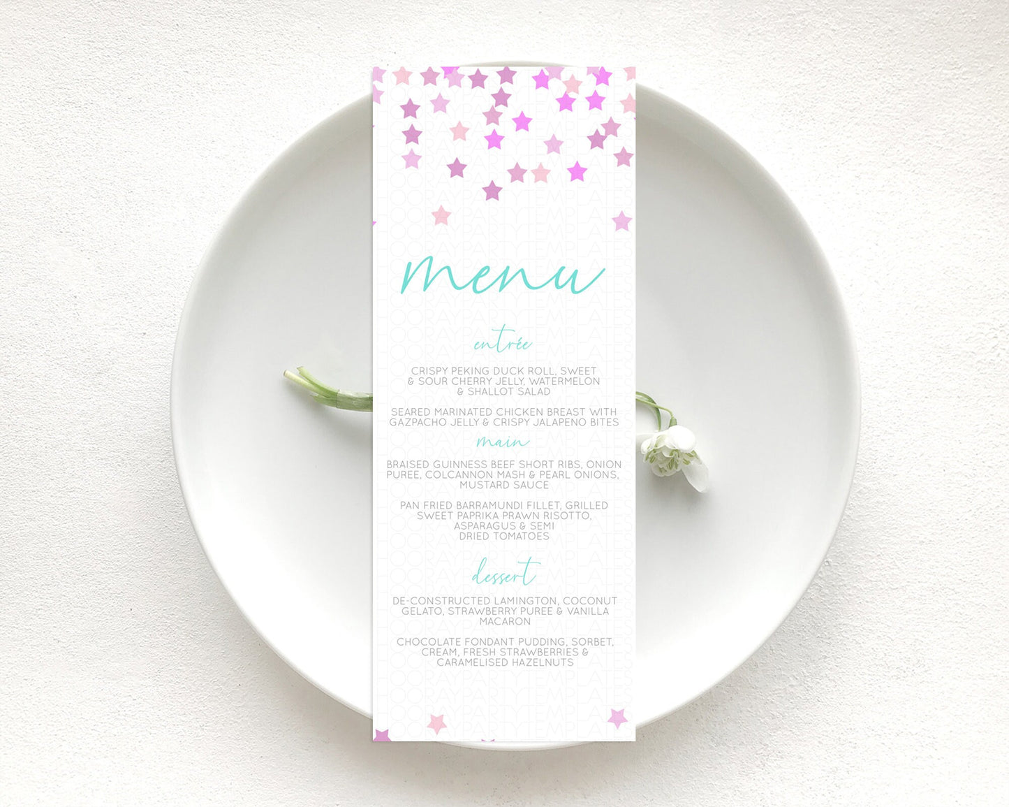 Star Menu Template Pastel Stars Menu Shooting Star Twinkle Little Star Decor Rainbow Colorful Confetti Dinner Dessert Food Menu D10403