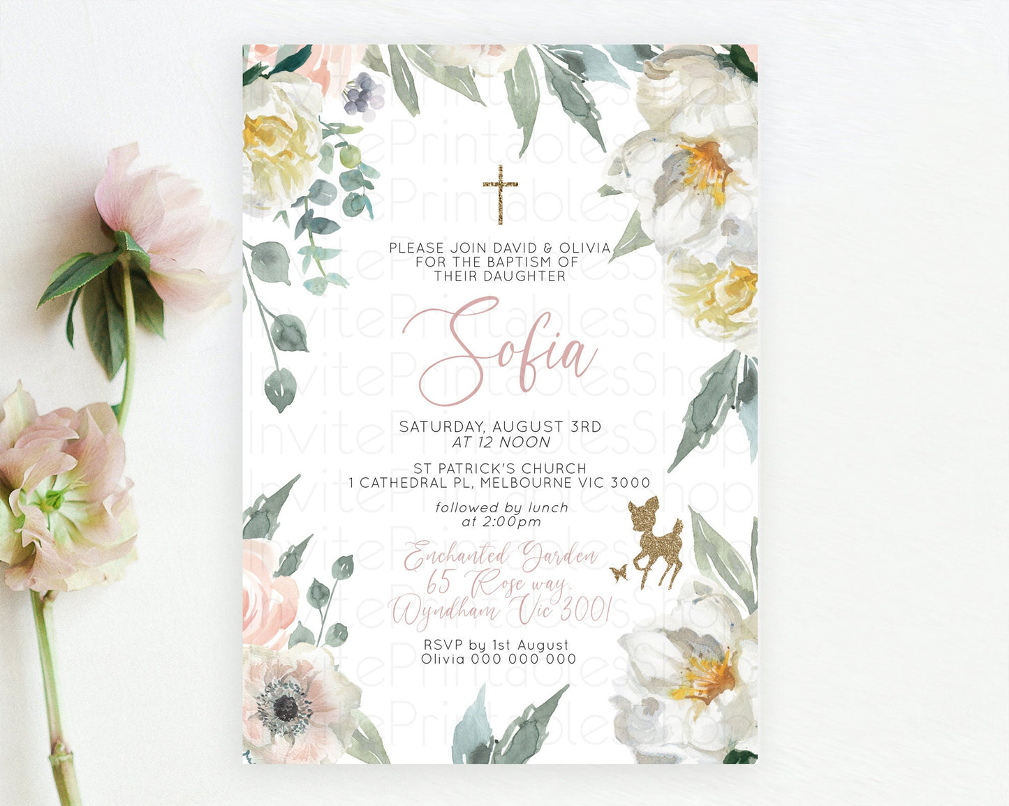 Fawn Baptism Invitation Deer Baptism 1st Birthday Invitation Enchanted Forest Christening Invitation Pastel Garden Butterfly Floral D10120