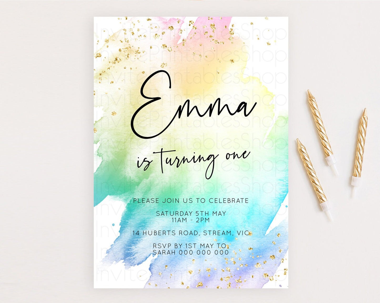 Rainbow Birthday Invitation Colorful Pastel Watercolor Invitation Gold Glitter Sprinkles Ombre Pastel 1st 2nd 3rd Birthday D10256