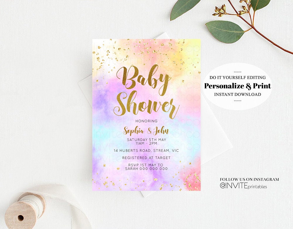 Rainbow Baby Shower Invitation Watercolor Pastel Invitation Colorful Splash Baby Shower Invite Gold Glitter Sprinkles Ombre Invite D10435