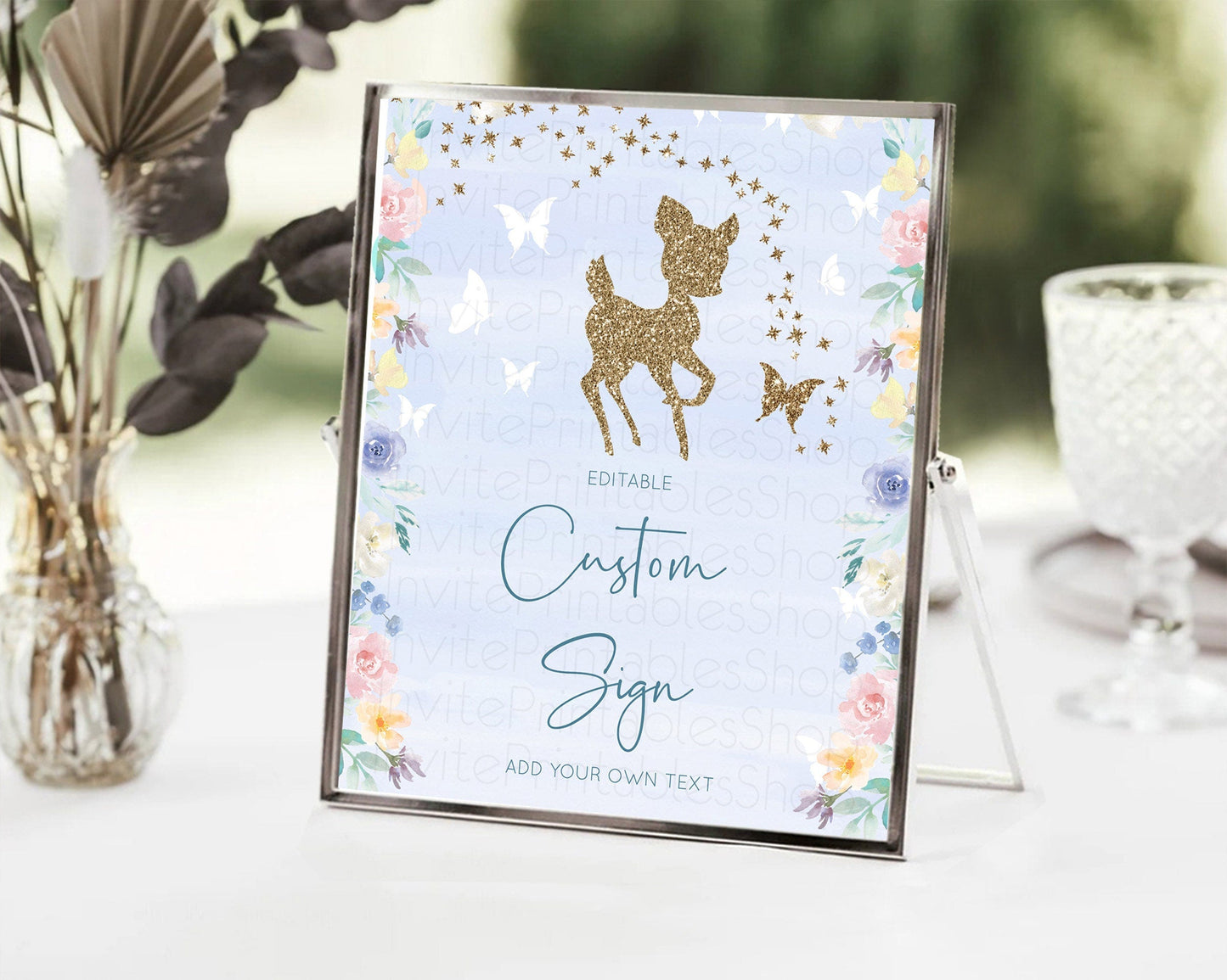 Fawn Deer Sign Pastel Floral Deer Table Sign Decor Enchanted Forest Butterfly Party 1st Birthday Baptism Baby Shower Bridal Shower D10879