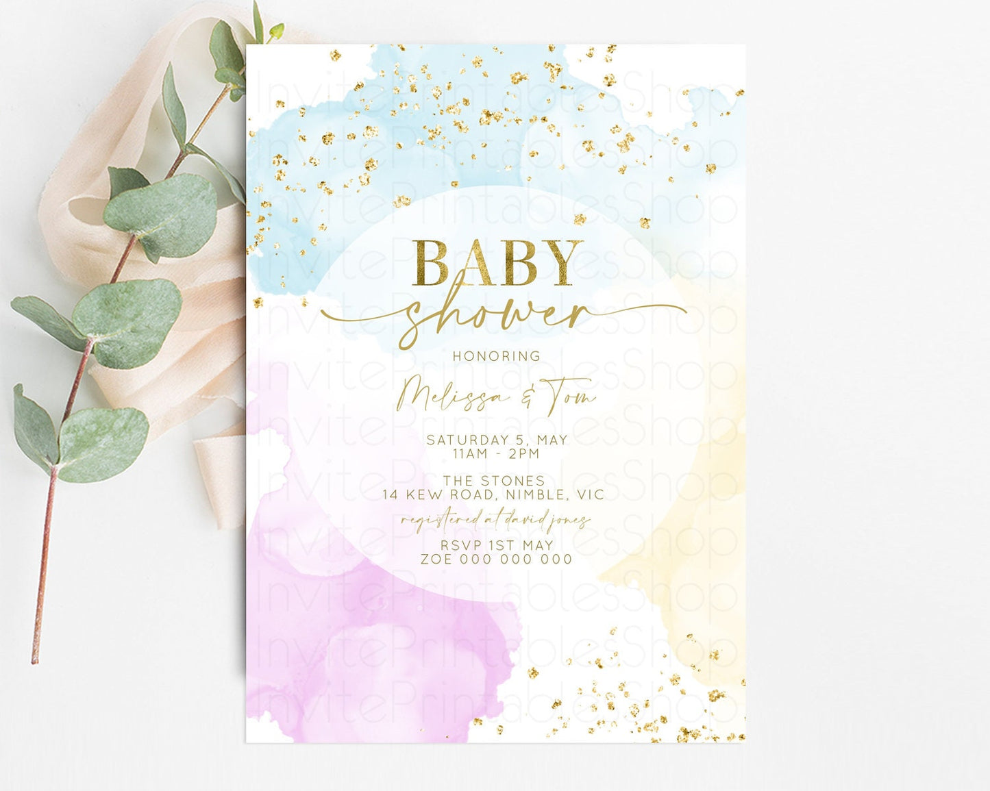 Rainbow Baby Shower Invitation Pastel Colors Invitation Watercolor Splash Baby Shower Gold Splatter Glitter Sprinkles Confetti Neutral 190V2